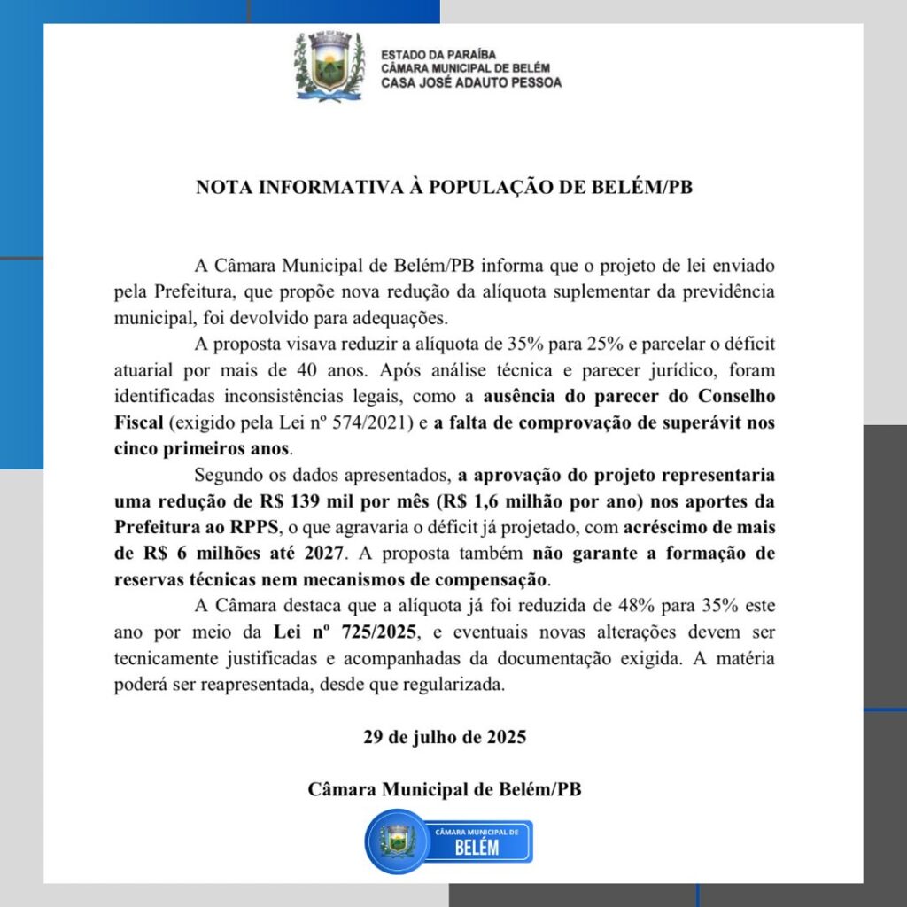 NOTA INFORMATIVA À POPULAÇÃO DE BELÉM/PB
